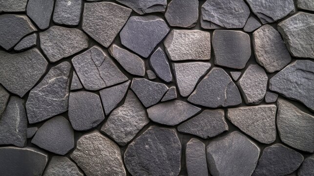 Close-up view of a wall made of irregularly shaped, gray stones