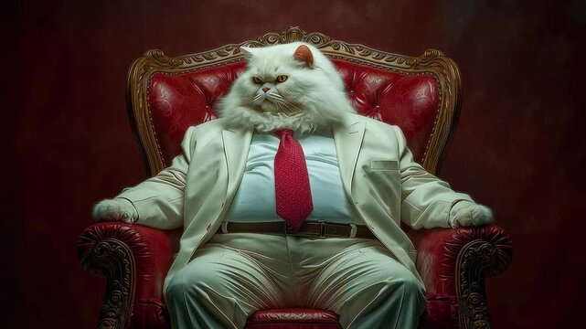 Serious Overweight Cat in Business Suit on Red Armchair Looking Around, Cinematic Portrait
