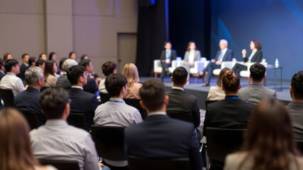 Obraz premium Business Audience Listening to Panel Speakers at Corporate Conference Event.