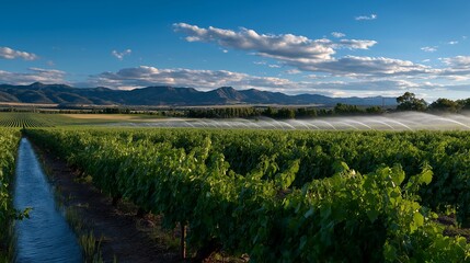 Naklejka premium Irrigation systems in vast agricultural fields showcase the importance of water management for optimal crop growth while highlighting the role of technology in enhancing farming efficiency and