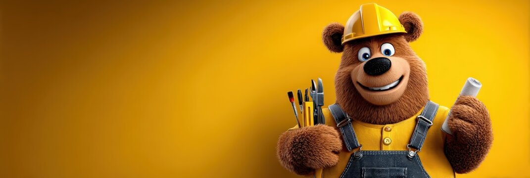 Cute Cartoon Bear Construction Worker in Hard Hat and Overalls