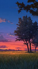 Fototapeta premium Stunning photo of trees in the Field at the Evening - 2D Anime Background.