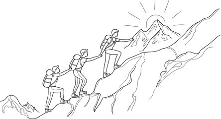Fototapeta premium Hikers climbing mountain peak teamwork adventure line art illustration with backpackers reaching summit outdoor exploration concept drawing