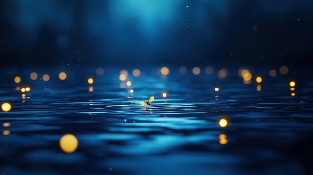 Glowing fireflies floating around peaceful fantasy lake in soft children s book style