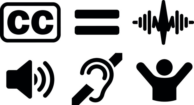 Flat design accessibility icon set close up caption equalizer waveform speaker ear mute person raised arms black vector silhouette