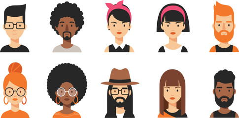Diverse People Avatar Icon Set with Men and Women Characters Different Hairstyles Ethnicities and Faces Flat Vector Profile Illustration Collection.