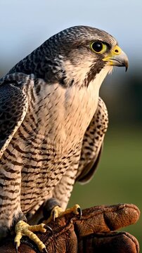 Majestic Falcon Perched on Gloved Hand with Intense Gaze in Slow Motion