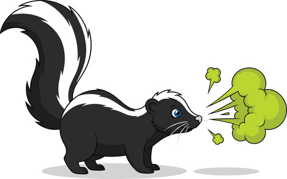Playful flat vector illustration of a black and white skunk spraying a green cloud of smelly odor
