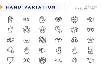 Hand variation line icon set. Hands, gesture, thumb up, ok, point, touch, pray, hand shaking, fingers, heart shape, care, click, tap vector icons pack