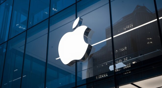 The Apple logo is prominently displayed on the exterior of a modern glass building with a sleek and minimalist design reflecting the cityscape.