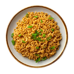 A bowl of instant noodles with green onions served on a white plate viewed from directly above