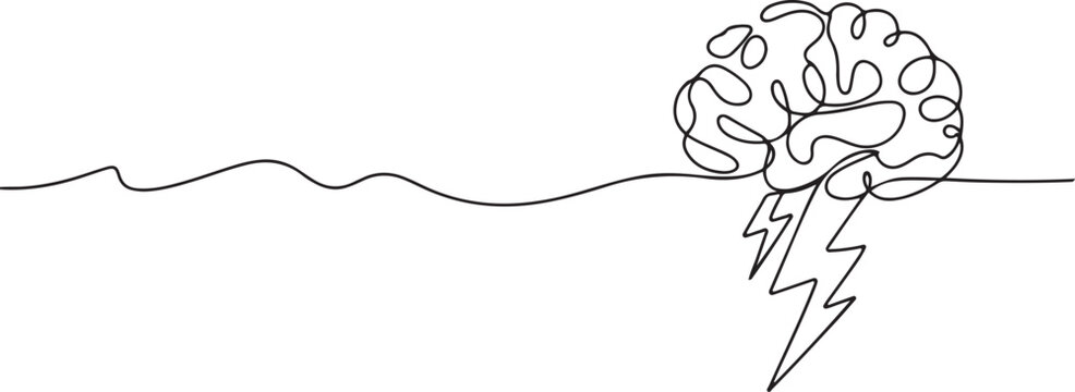 Continuous one line drawing of human brain, storm cloud and lightning symbol.one line vector illustration with white background