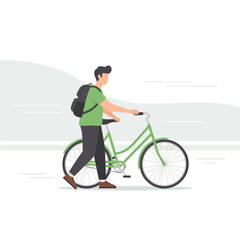 Fototapeta premium Young Man Walking Bicycle With Backpack Outdoor Scene