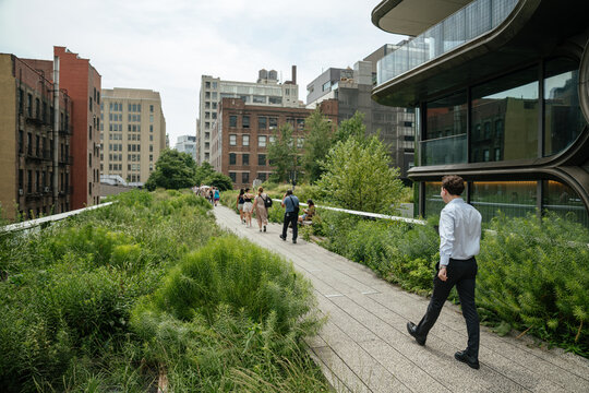 Visitors stroll along the elevated High Line park surrounded by greenery and contemporary architecture in Manhattan. The scene captures urban recreation and modern city design in New York.