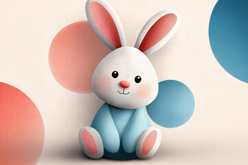 Fototapeta premium Cute Easter bunny sitting on a soft pastel geometric background in a playful modern spring holiday illustration