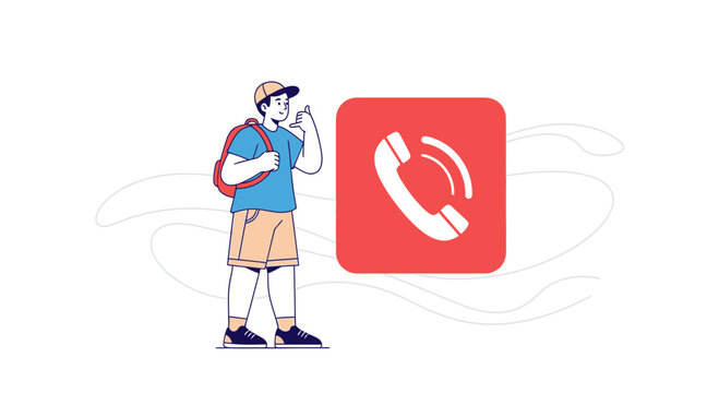Young Person Making Phone Gesture With Red Telephone Symbol, Illustrative Graphic