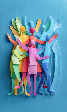 Colorful paper cutout figures embracing in a group against a textured blue background, symbolizing unity and diversity.
