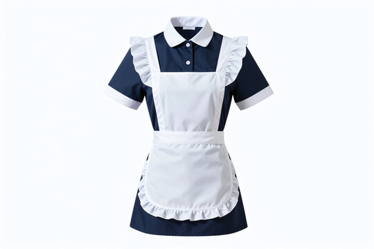 Hotel maid uniform, white apron with ruffle trims on dark blue dress, chic and feminine, isolated on white background. French style, vintage classic look, housekeeping clothing for house servants.