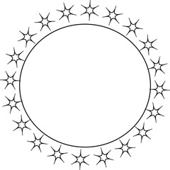 Minimalist black and white circular frame with decorative star shaped border elements for card design and invitations.