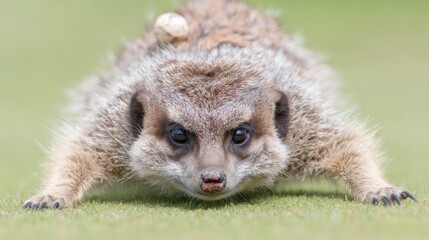 Obraz premium A small animal with a black nose and brown fur is laying on the grass. It is a gerbil or a similar small animal