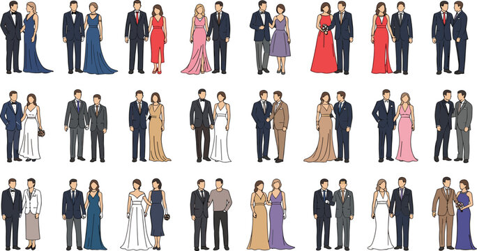 Flat vector illustration set of diverse elegant couples in formal wedding attire and evening gowns for marriage celebrations, gala events, and romantic ceremonies.