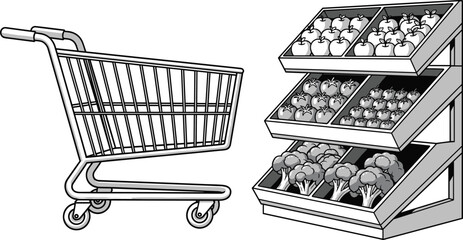 Grocery store scene with shopping cart and produce display rack featuring apples, tomatoes, grapes, and broccoli in fresh food arrangementGrocery store scene with shopping cart and produce display © Marjina