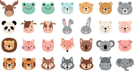 Cute animal faces cartoon vector illustration set with bear fox tiger panda frog rabbit and forest wildlife characters © Nasrin