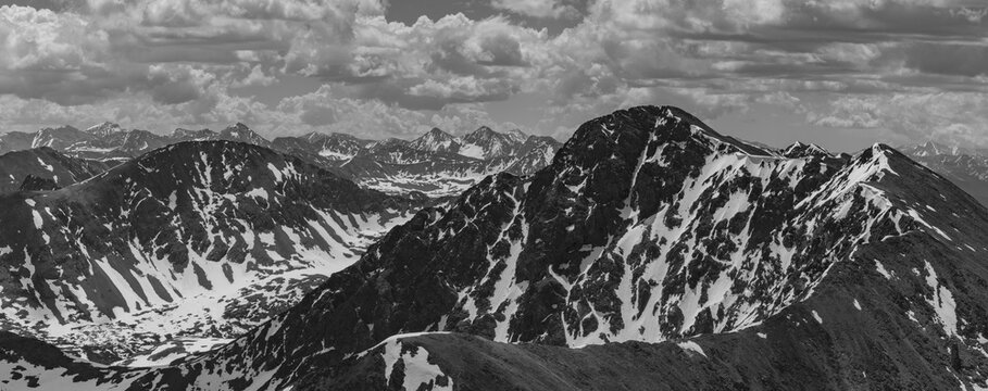This scenic black and white Sawatch Range Mountain panorama features Colorado 13er Anderson Peak.