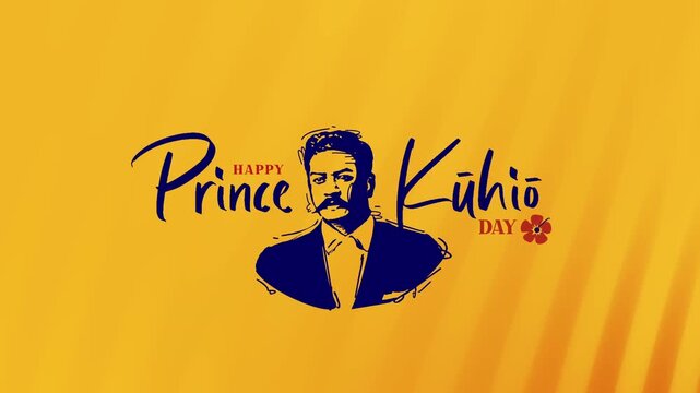 Prince Jonah Kuhio Kalanianaole day text animation with yellow abstract background. Suitable for Prince Kuhio Day Celebrations, banner, social media, feed, wallpaper, stories. Alpha channel 4k	