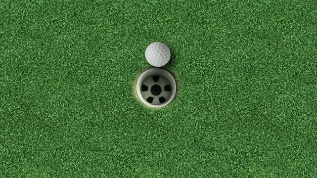 Golf ball near hole on green grass putting surface wide sports background with copy space for text golf near miss concept