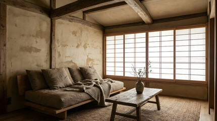 A serene corner with wabi sabi interior decor, inviting quiet meditation in a modest suburban home