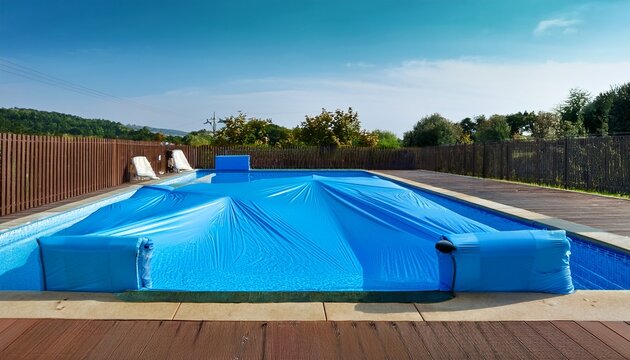 protected swimming pool during off season with blue sturdy pool cover