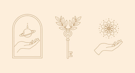 Mystical Hand Icons: Planet, Key, Flower - Esoteric & Celestial Line Art © atha_lintar