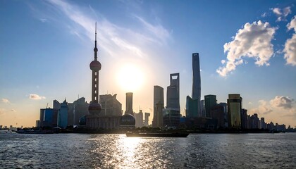 Obraz premium Shanghai Skyline at Sunset - A Modern Metropolis View.