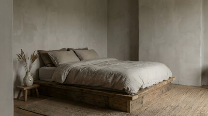 Serene bedroom interior embracing wabi sabi interior decor, exuding calm and rustic charm.