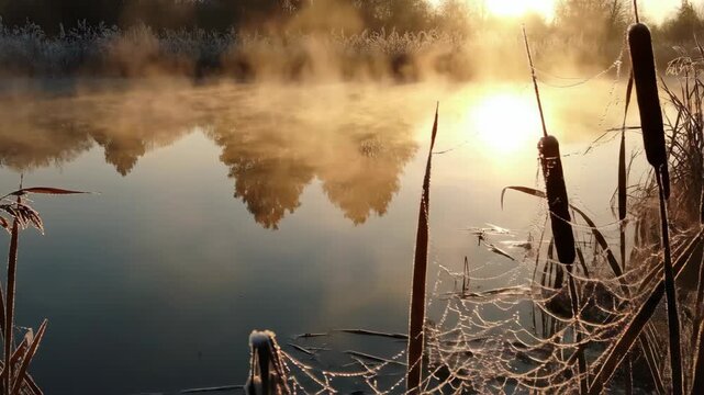 Misty morning sunrise over water with cattails and frosty spiderweb