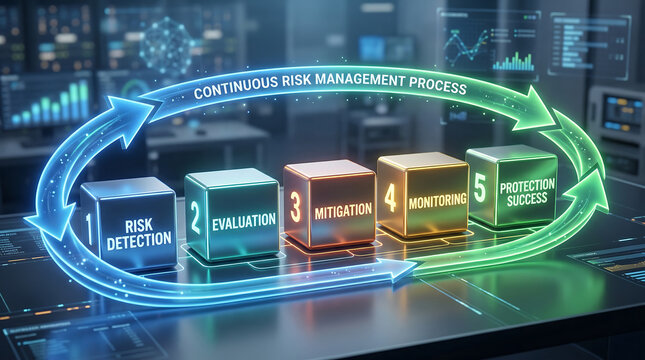 Continuous risk management process with five colorful cubes labeled risk detection evaluation mitigation monitoring and protection success in a futuristic control room with neon
