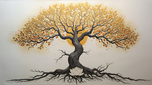 Beneath a towering wisdom huge pipal tree, is bathed in gold, silver, and white hues, with a delicate lotus flower resting below Buddha&rsquo;s feet. Magnificent moon. This minimalist painting captures 