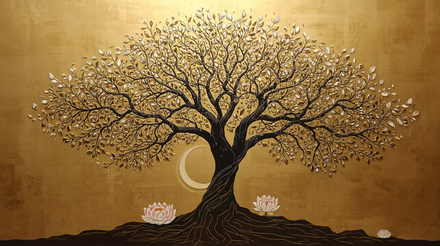 Beneath a towering wisdom huge pipal tree, is bathed in gold, silver, and white hues, with a delicate lotus flower resting below Buddha&rsquo;s feet. Magnificent moon. This minimalist painting captures 