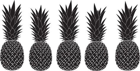 Obraz premium Five pineapples in a row with detailed texture and leaves on top viewed from the front