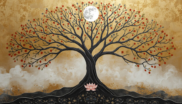 Beneath a towering wisdom huge pipal tree, is bathed in gold, silver, and white hues, with a delicate lotus flower resting below Buddha&rsquo;s feet. Magnificent moon. This minimalist painting captures 