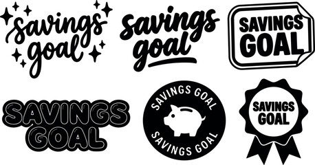 Fototapeta premium Flat design script savings goal logo set with piggy bank badge ribbon emblems monochrome close up vector icons