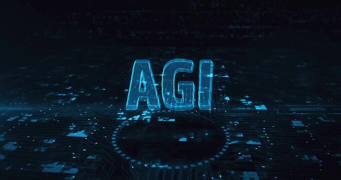 Artificial general intelligence hologram symbol appears on a digital background. Network, cyber technology and computer abstract concept 3d animation.