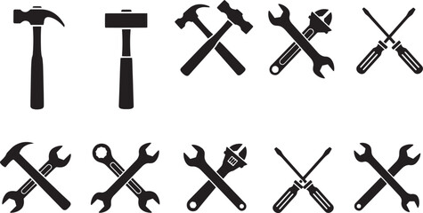 Obraz premium Set of various black silhouetted tools arranged neatly on a white background from a straightforward viewpoint