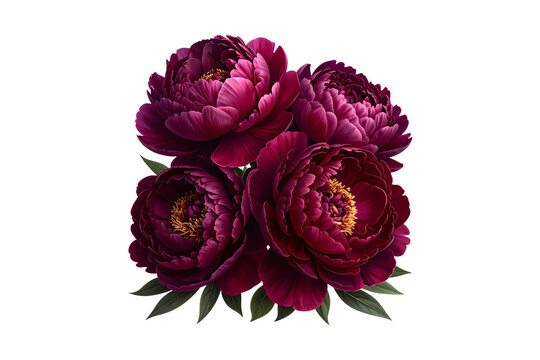 Deep burgundy peonies with velvet-textured petals, isolated PNG on transparent background