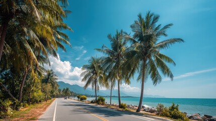 Obraz premium Tropical scenic road with palm trees along the ocean coastline