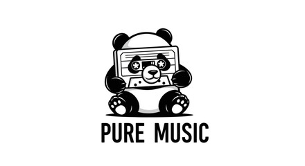 Cute Panda Holding Retro Cassette Tape Logo - Pure Music Concept Illustration