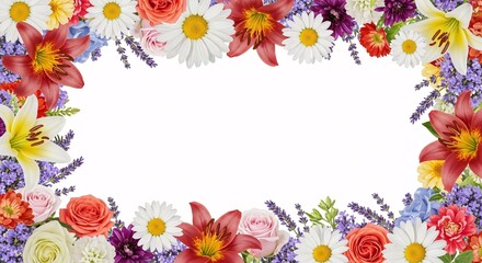 Obraz premium Vibrant floral border frame with colorful flowers and blank white space for text or design elements