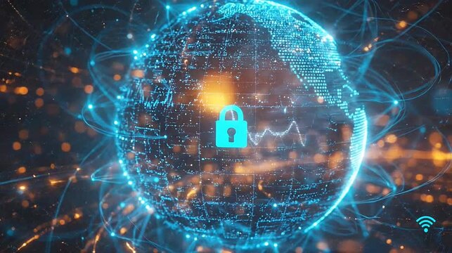 Digital globe with a global security padlock, amidst glowing data network connections