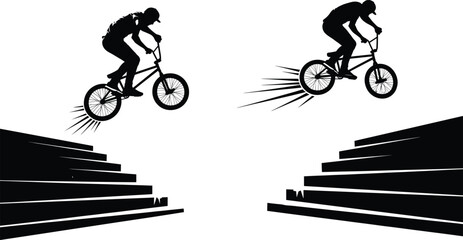Extreme sport BMX rider jumping over stairs performing trick stunt silhouette vector illustration for action, adventure, cycling competition, adrenaline urban lifestyle design © MdAftab